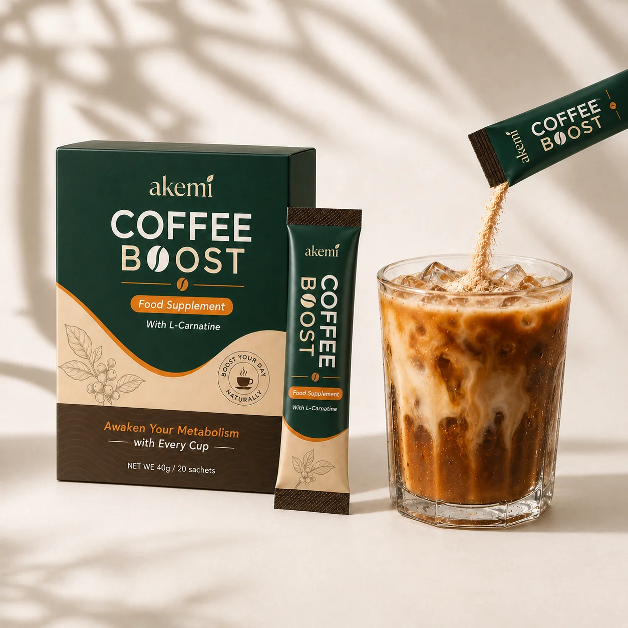 Akemi Coffee Boost sachet being poured into iced coffee