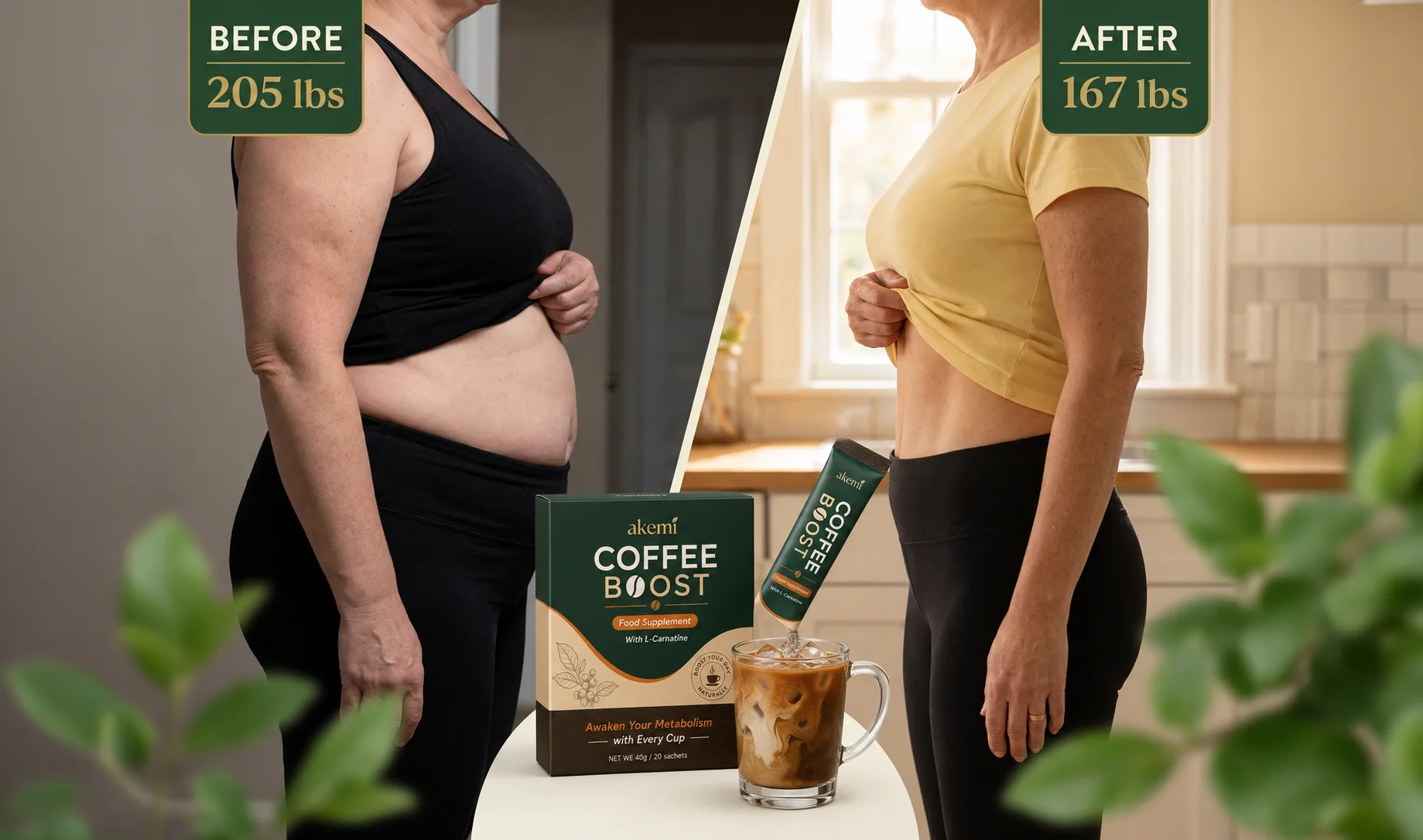 Before and after: 205 lbs to 167 lbs with Coffee Boost